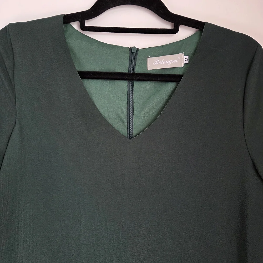 Belongsci Dark Green Loose Fit Shift Mini Dress 3/4 Tiered Bell Sleeve Size M - Picture 4 of 10